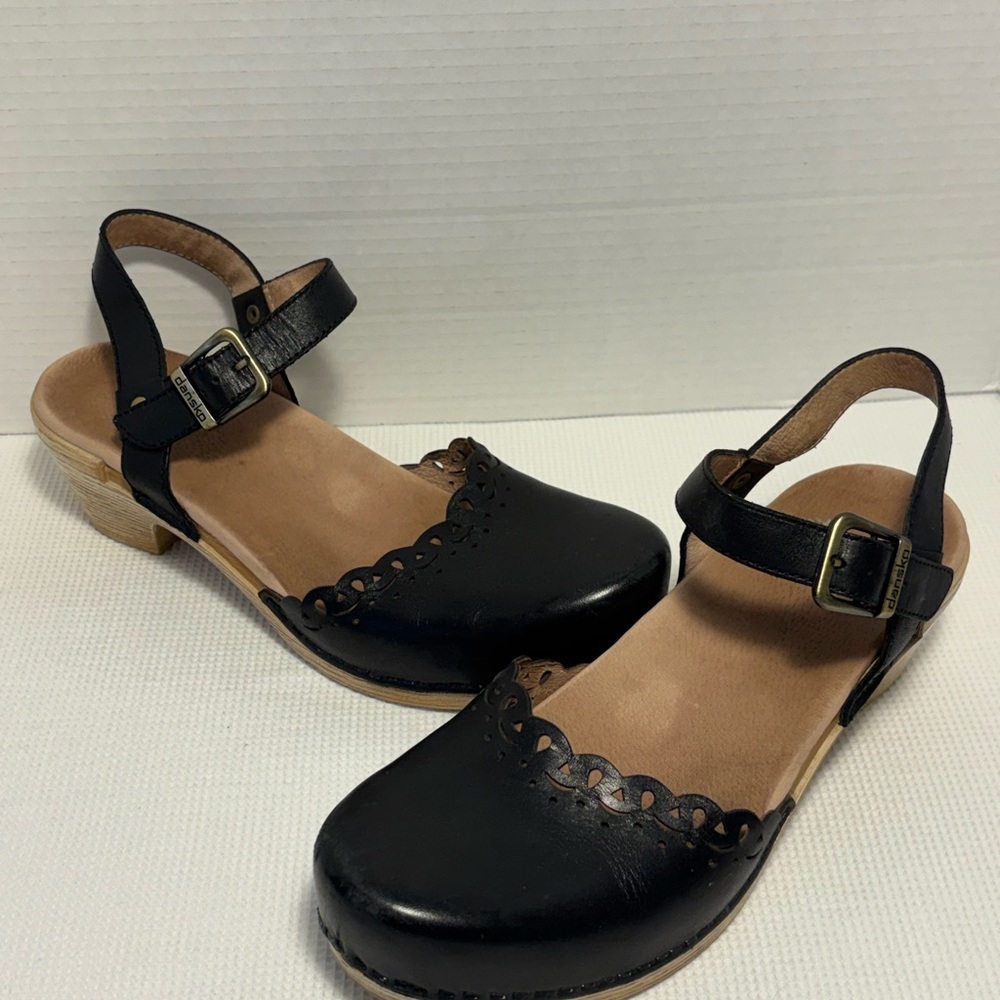 Dansko Black Leather Scalloped Ankle-Strap Clogs